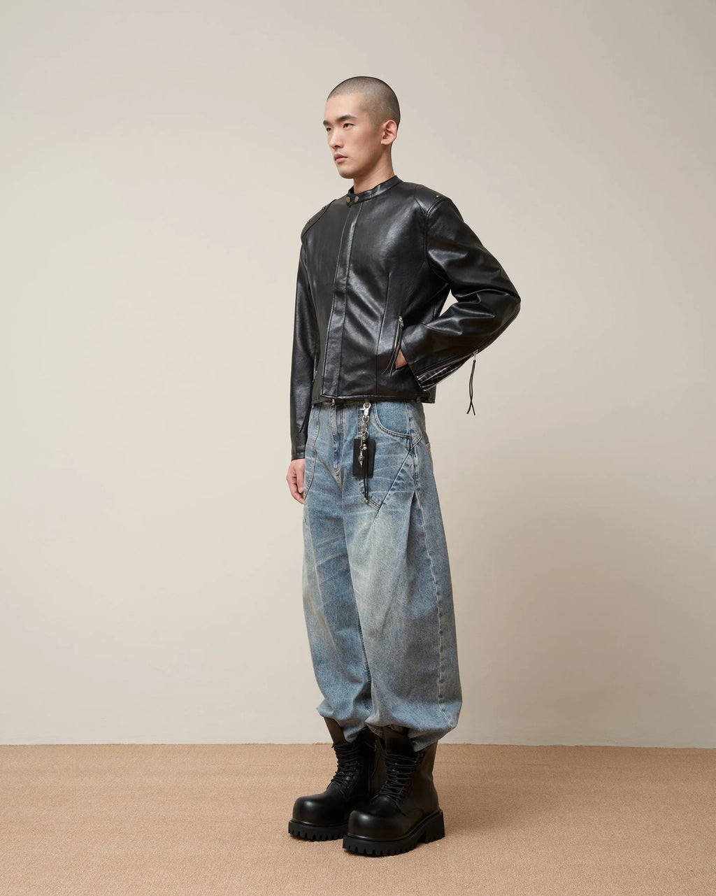 PLAID-LINED LEATHER JACKET BLACK
