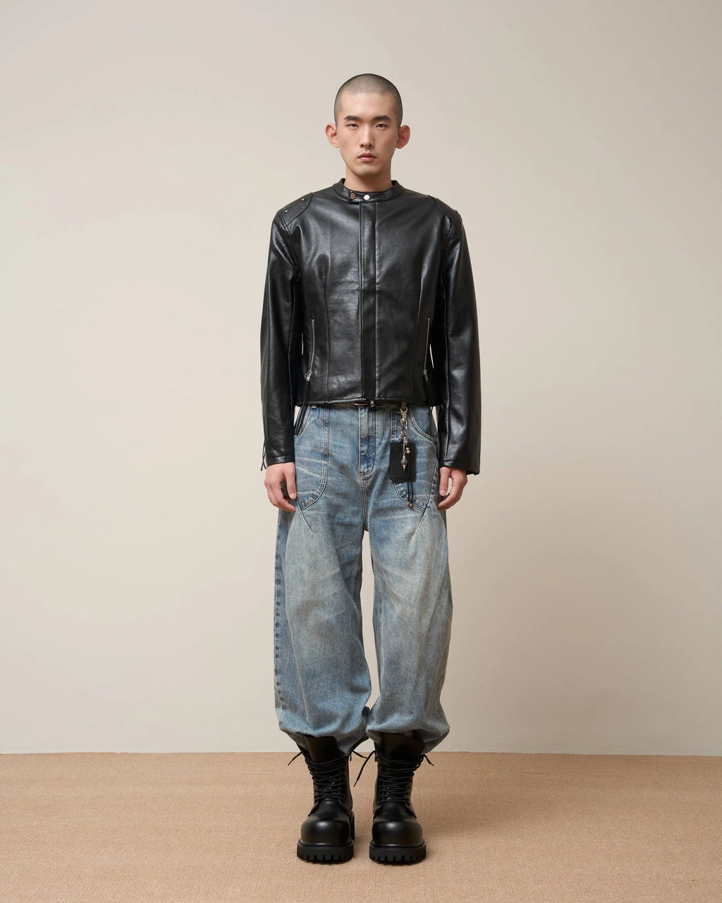 PLAID-LINED LEATHER JACKET BLACK
