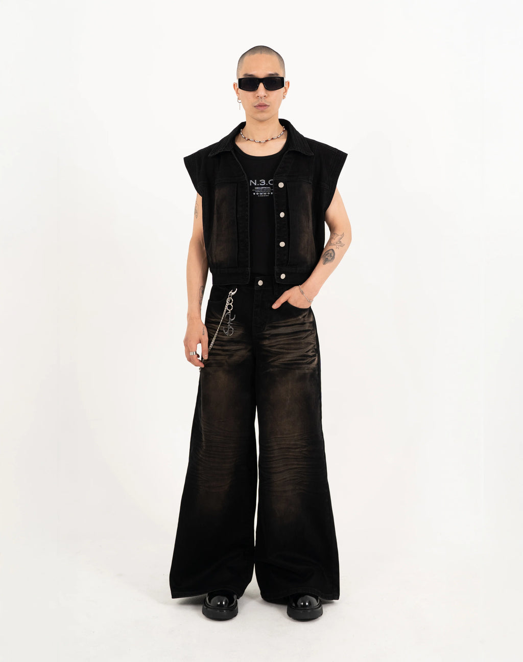 FADED WRINKLE SLEEVELESS OUTERWEAR BLACK