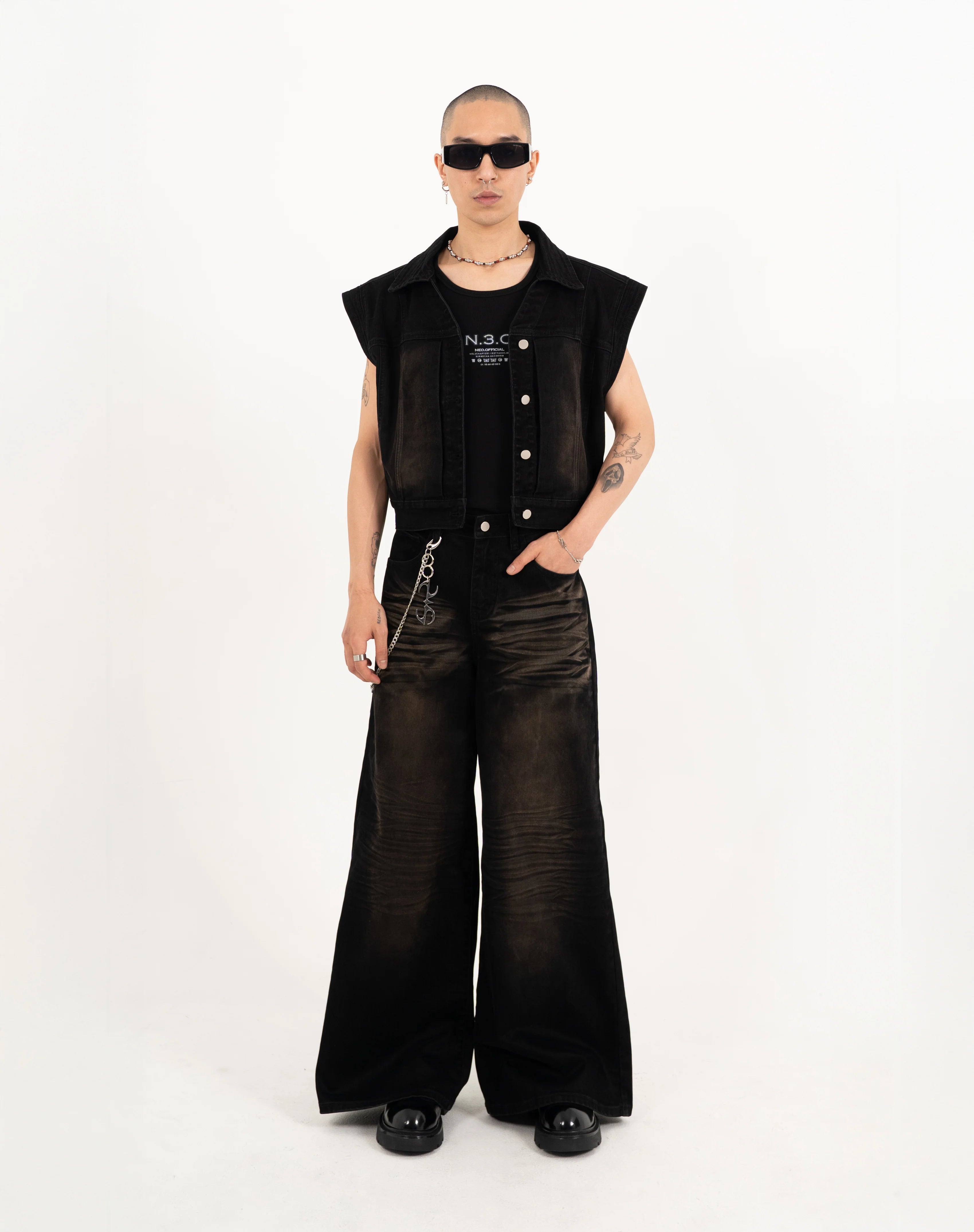 FADED WRINKLE SLEEVELESS OUTERWEAR BLACK