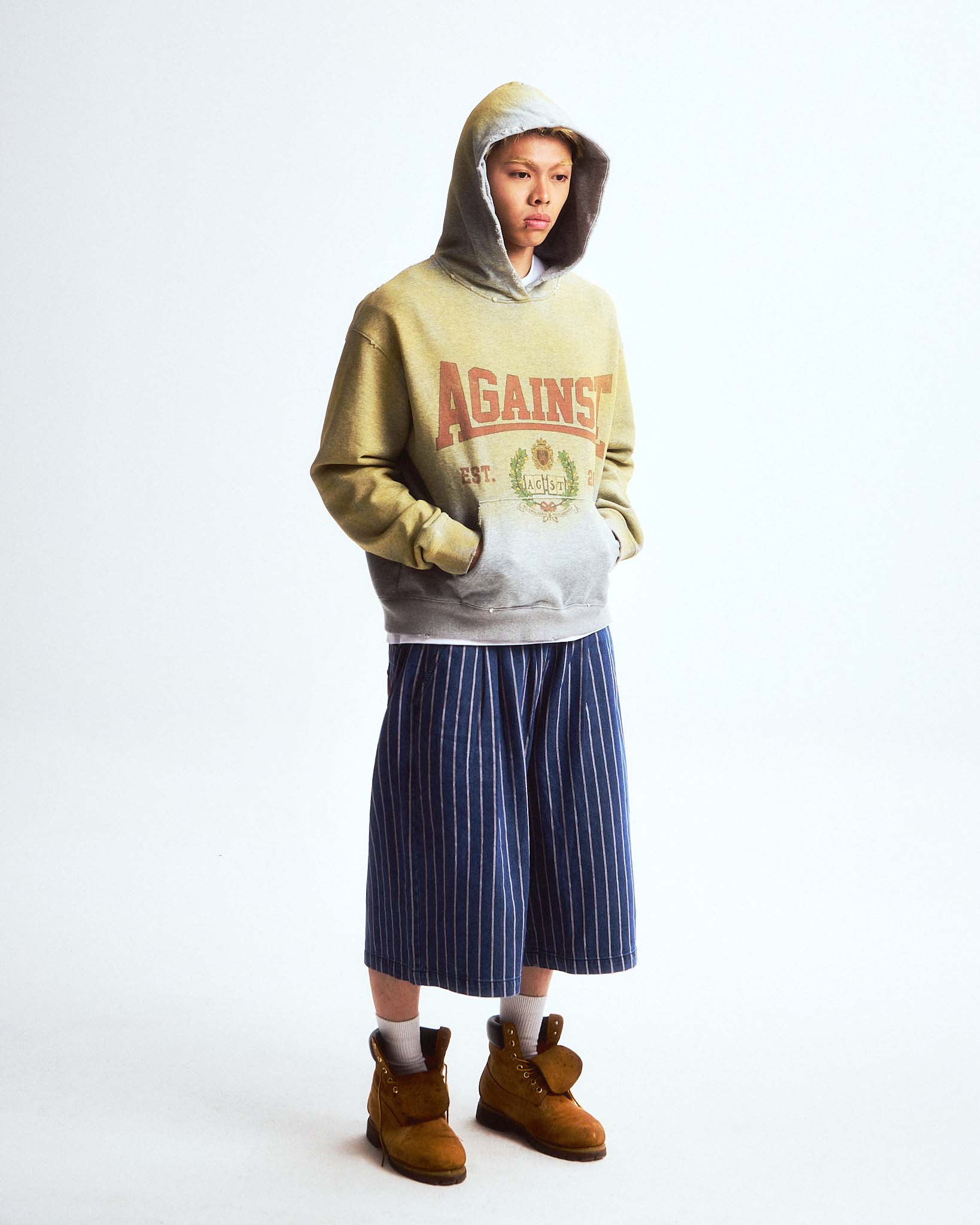 DISTRESSED VARSITY HOODIE GREY