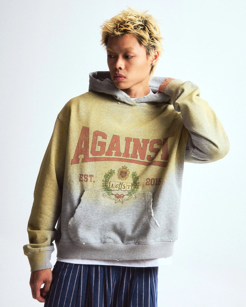DISTRESSED VARSITY HOODIE GREY