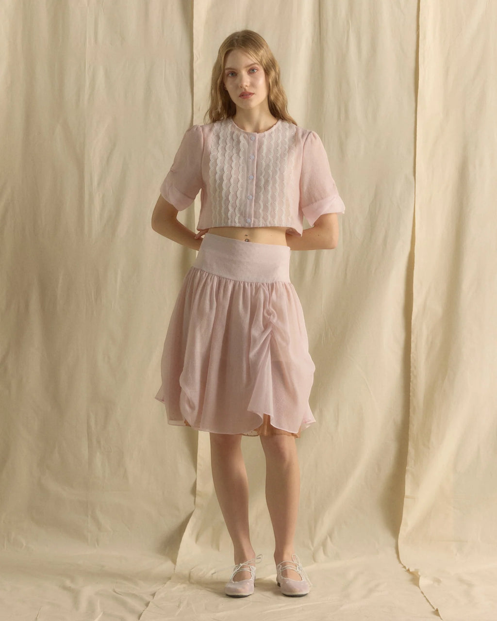 PUFFY KNEE LENGTH SKIRT BABY PINK