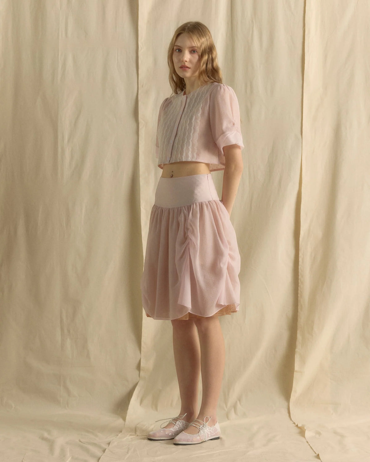 LACE BLOUSE CROP TOP BABY PINK