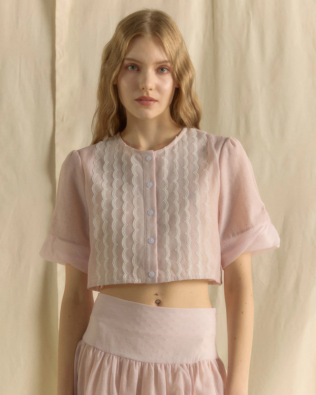 LACE BLOUSE CROP TOP BABY PINK