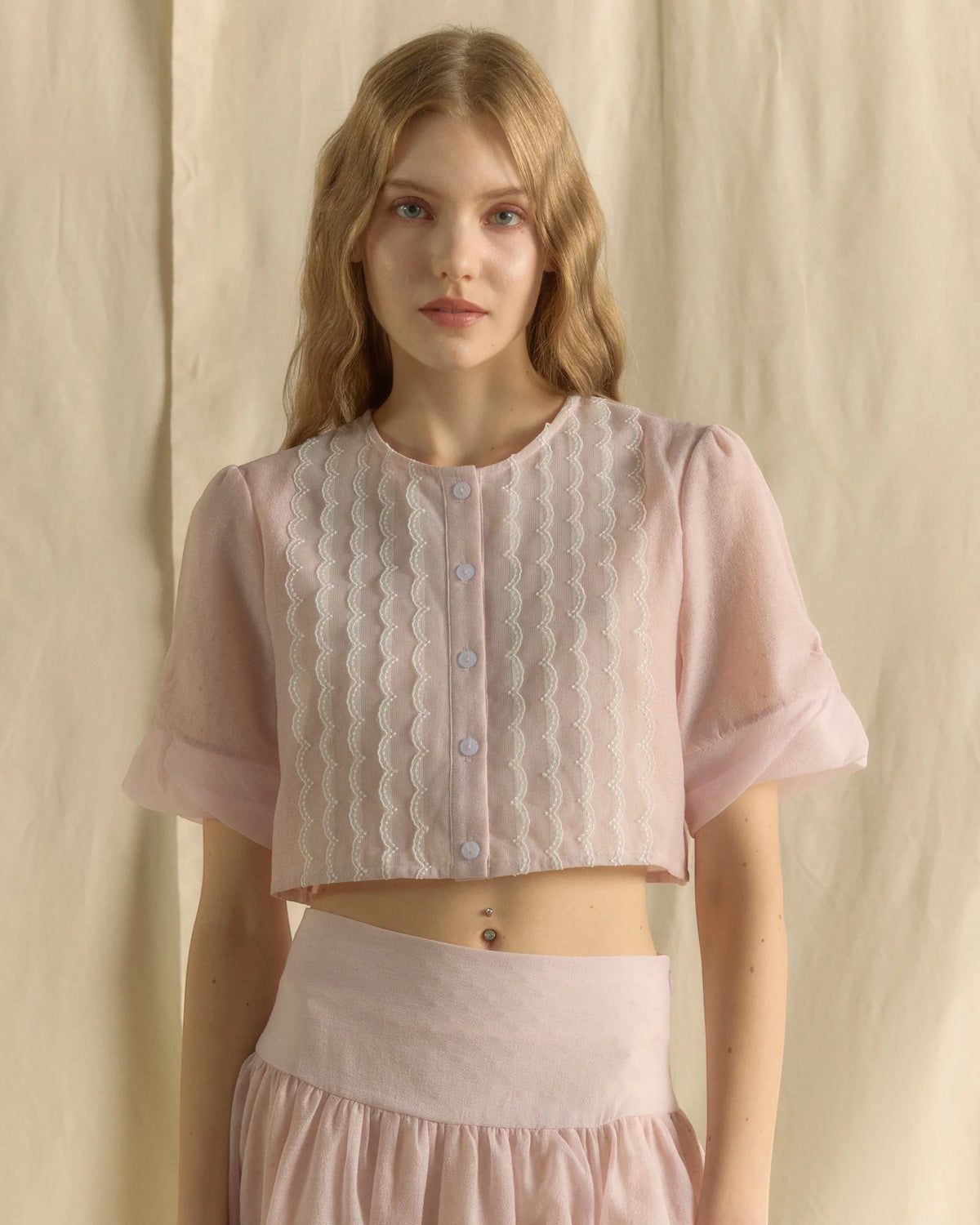 LACE BLOUSE CROP TOP BABY PINK