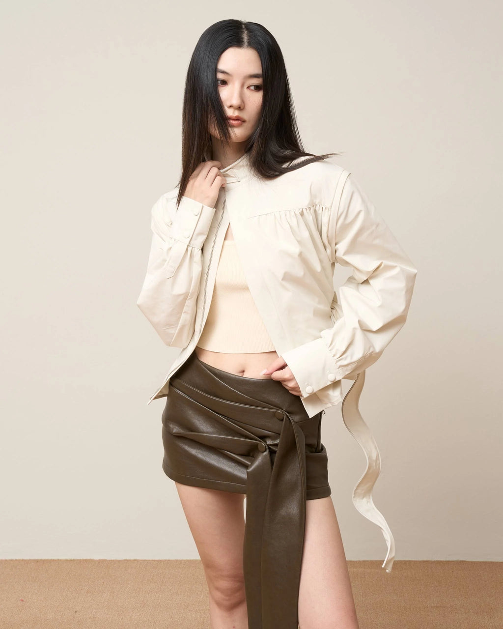 ASYMMETRICAL DRAPE TIE MINI SKIRT BLACK