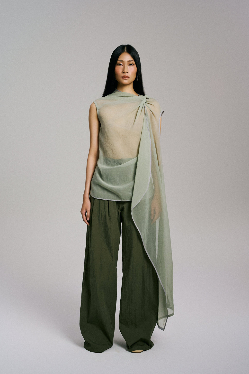 'Twisted Knot' Tunic with Long Shawl in Textured Voile Green