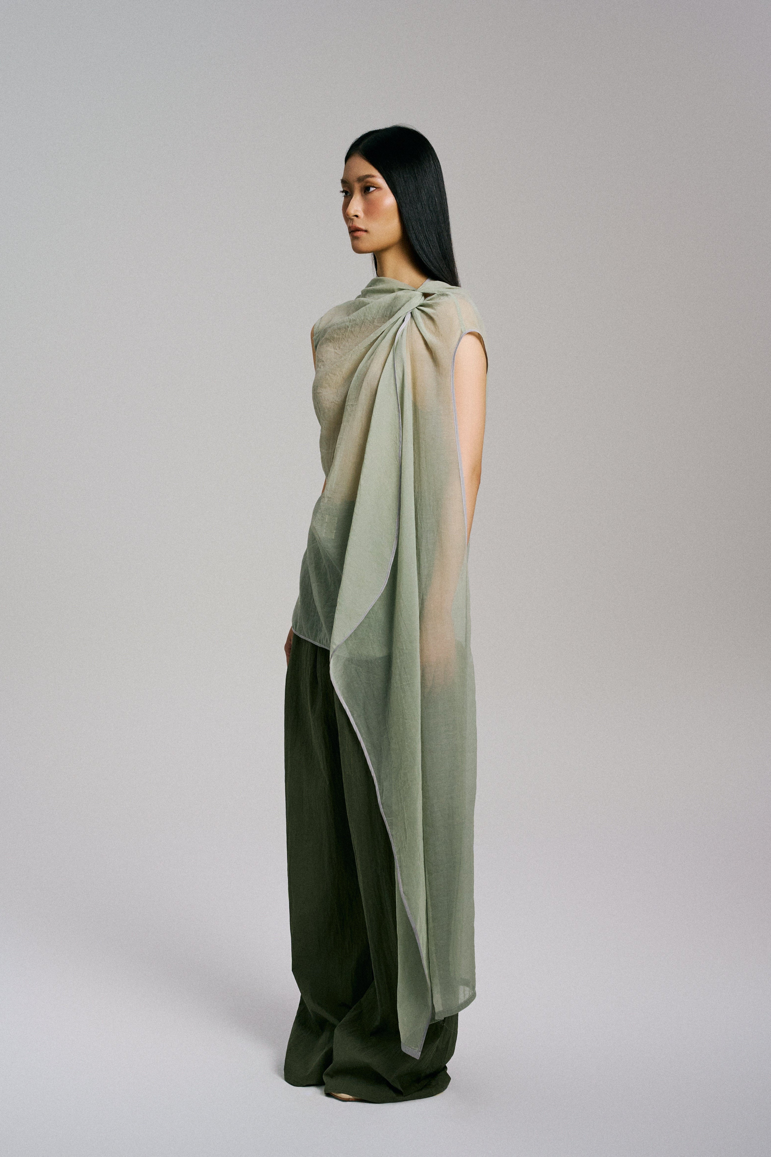 'Twisted Knot' Tunic with Long Shawl in Textured Voile Green