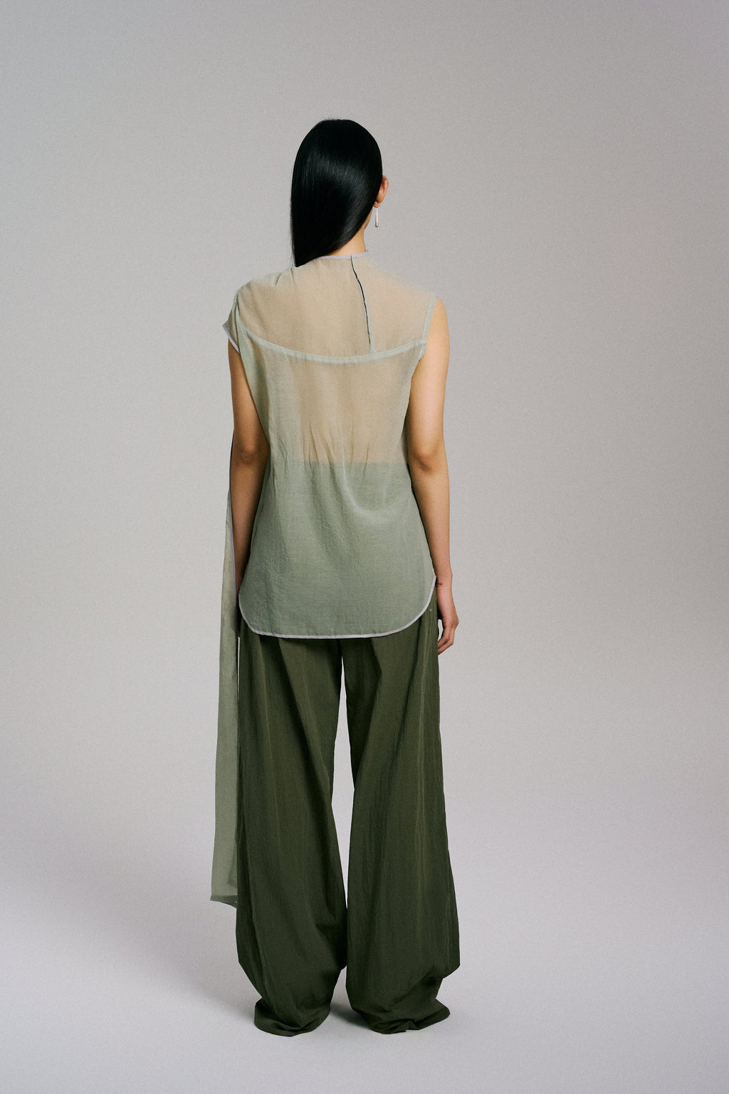 'Twisted Knot' Tunic with Long Shawl in Textured Voile Green