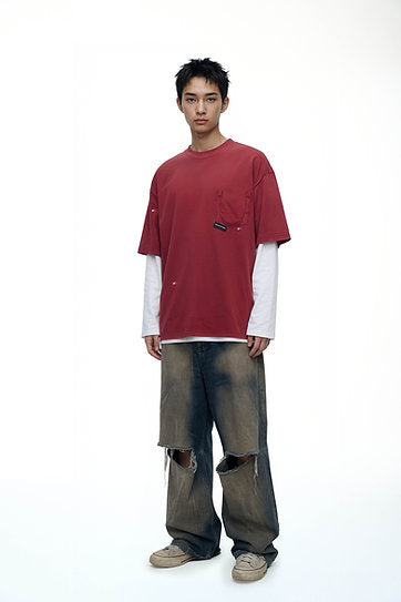 RIPPED POCKET T-SHIRT OVERSIZED WASHED RED