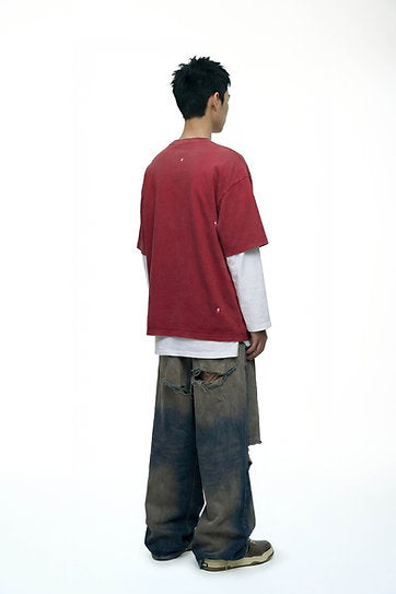 RIPPED POCKET T-SHIRT OVERSIZED WASHED RED