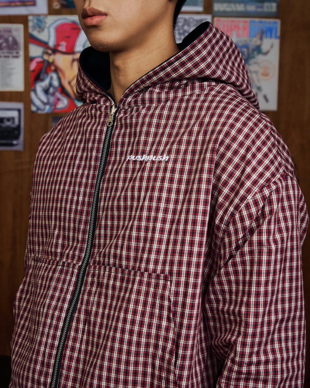 FLIPSIDE ZIP HOODIE BLACK CRIMSON GINGHAM