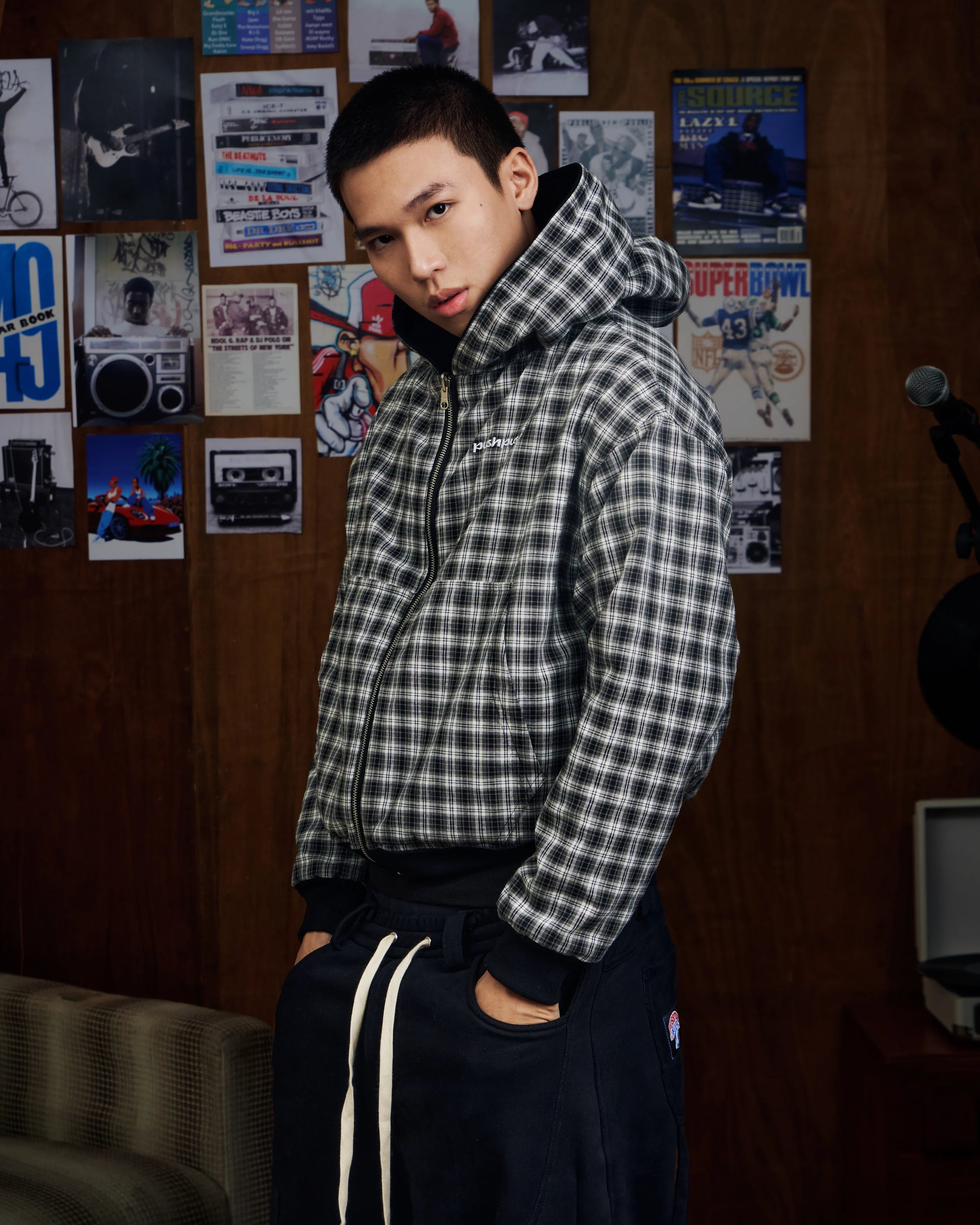 FLIPSIDE ZIP HOODIE BLACK MONO GINGHAM