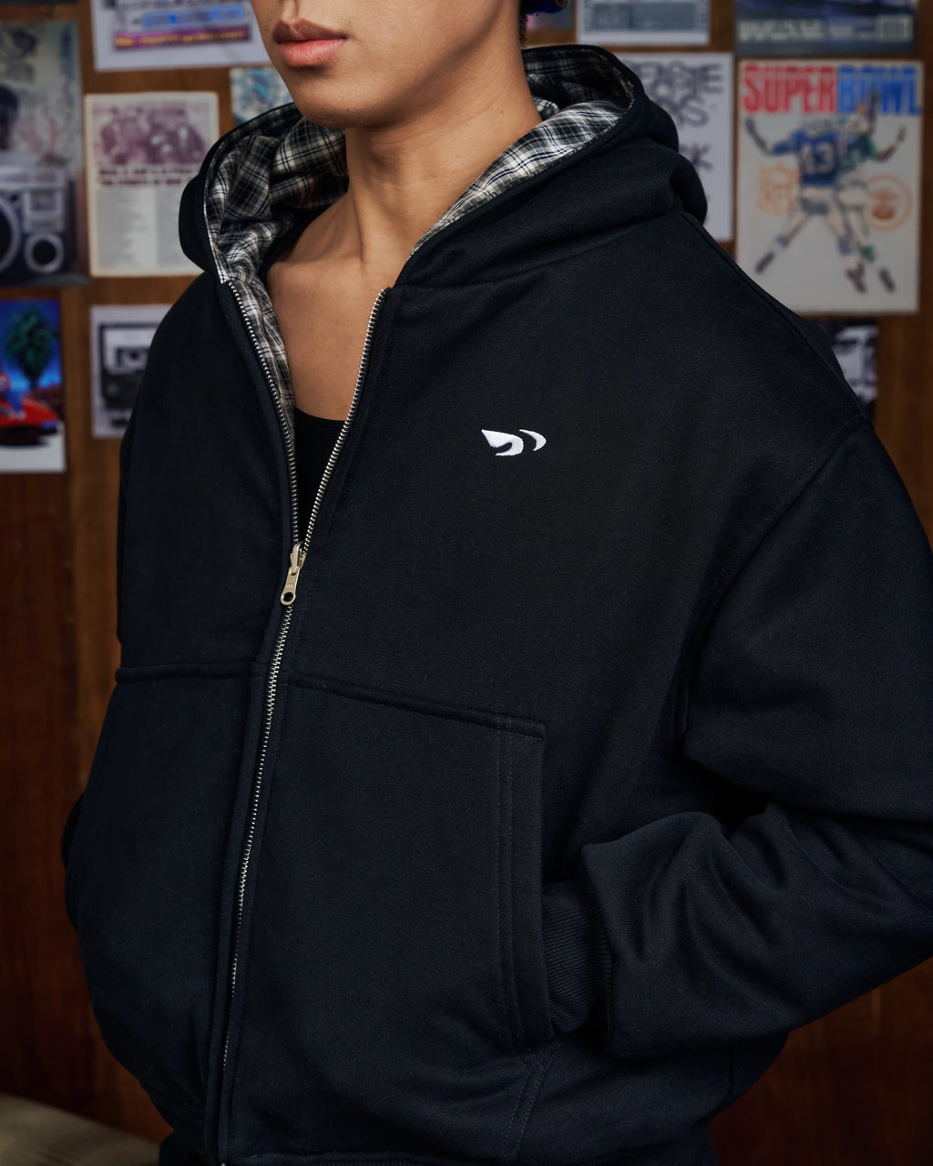 FLIPSIDE ZIP HOODIE BLACK MONO GINGHAM