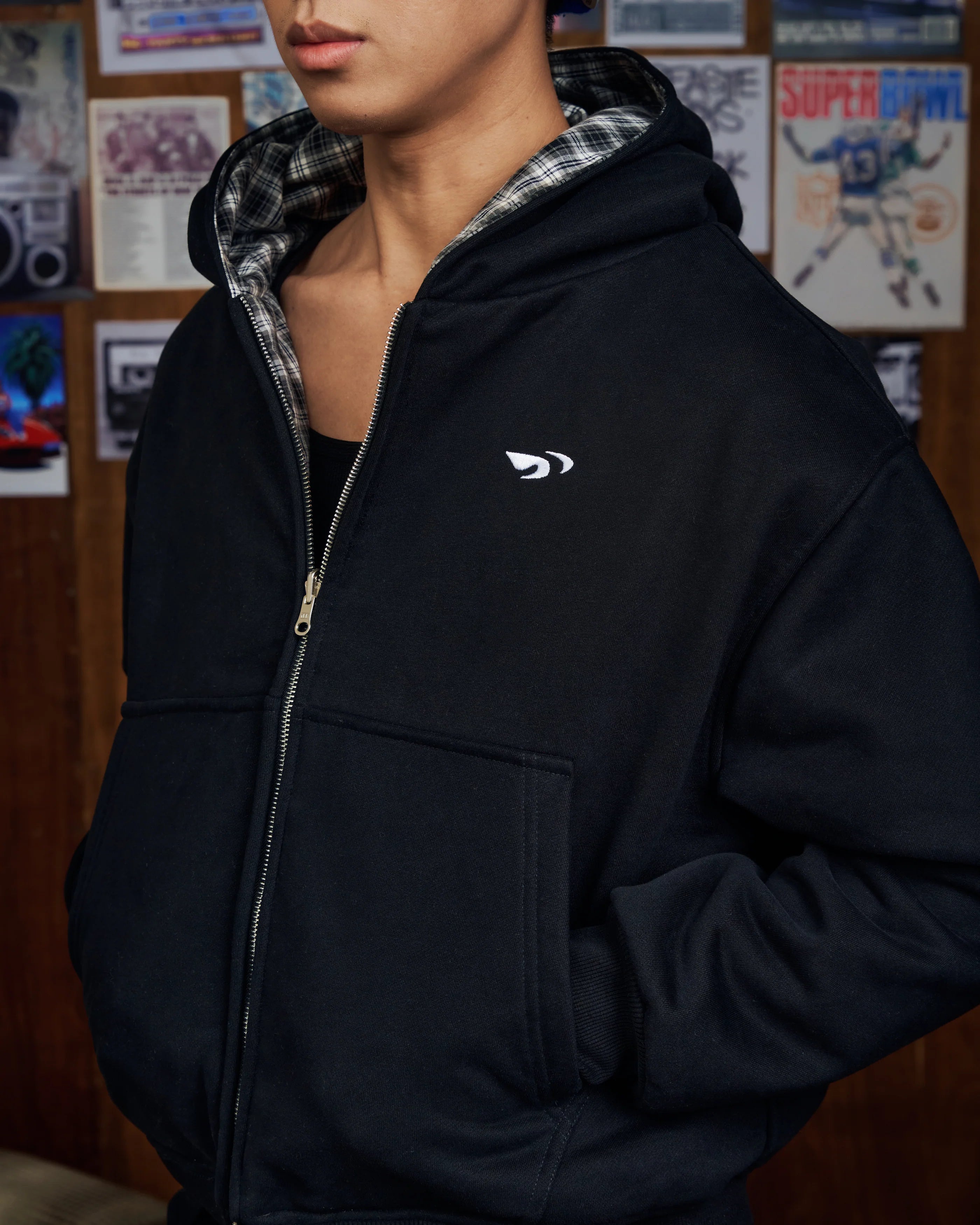 FLIPSIDE ZIP HOODIE BLACK MONO GINGHAM