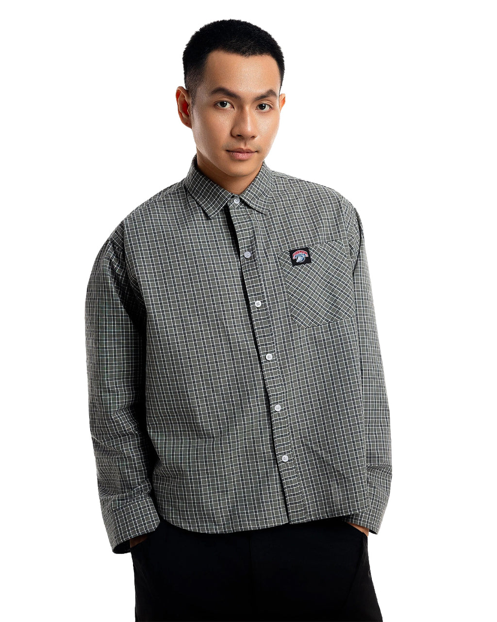 GINGHAM OVERSIZE SHIRT OLIVE GREY